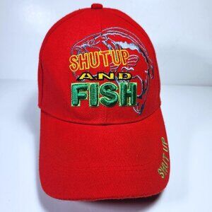 Shut Up and Fish Hat Cap Red Novelty Fishing Hat Unisex Adult Hook & Loop Adjust